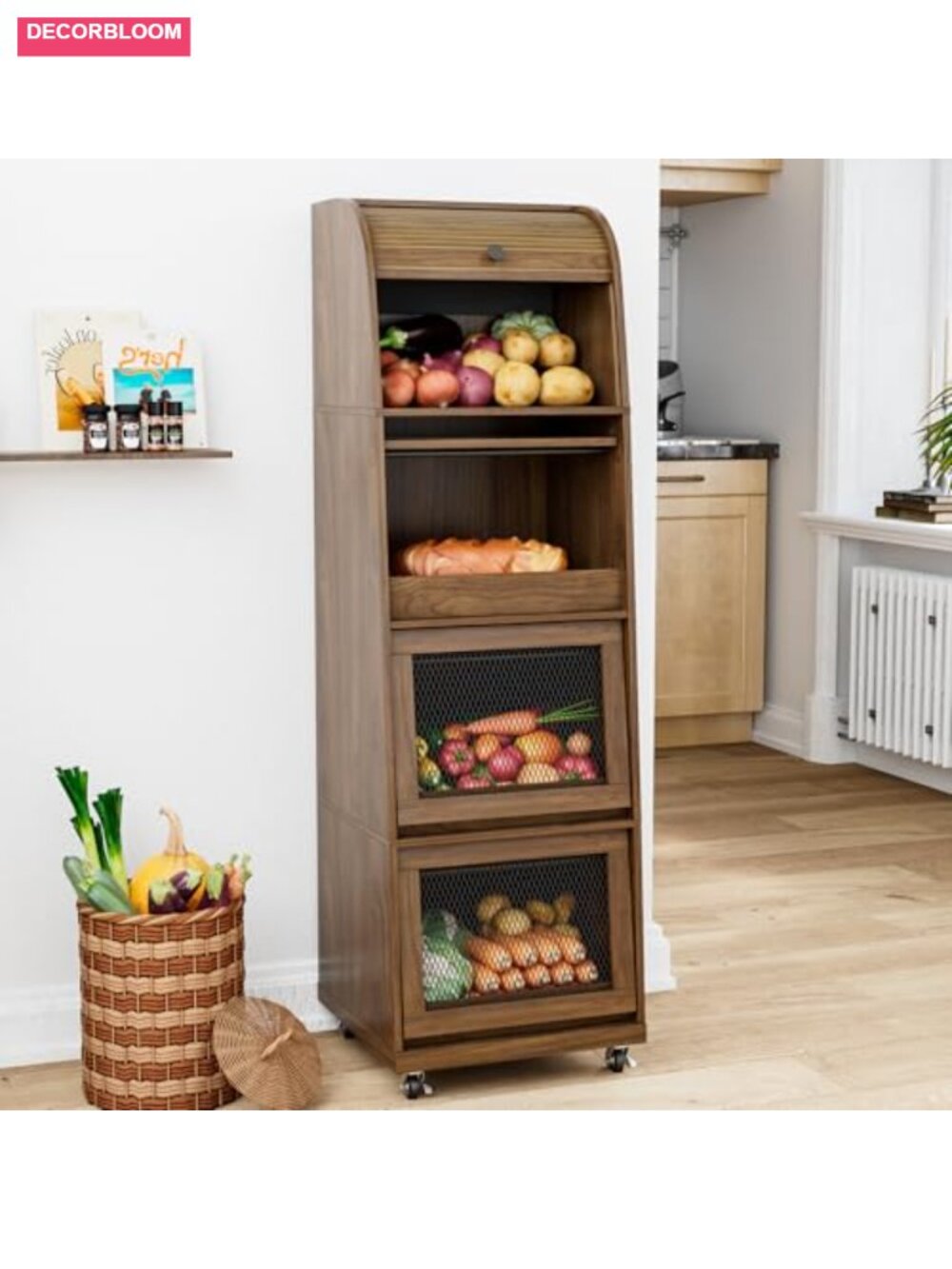 MDF Potato Onion Storage Bin Wheeled Kitchen Pantry Basket